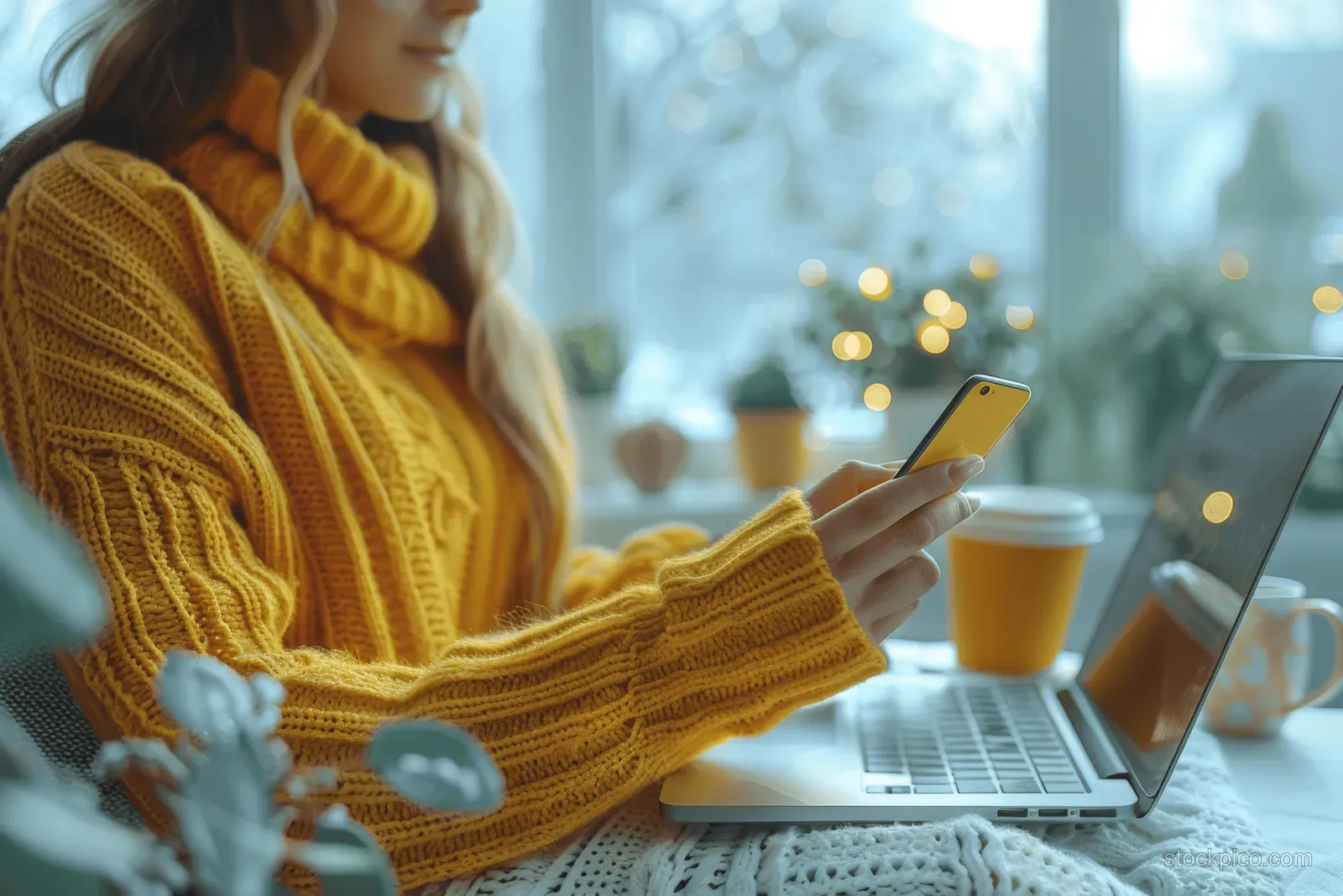 Woman in a yellow sweater typing on a laptop while holding a smartphone at a home office desk.