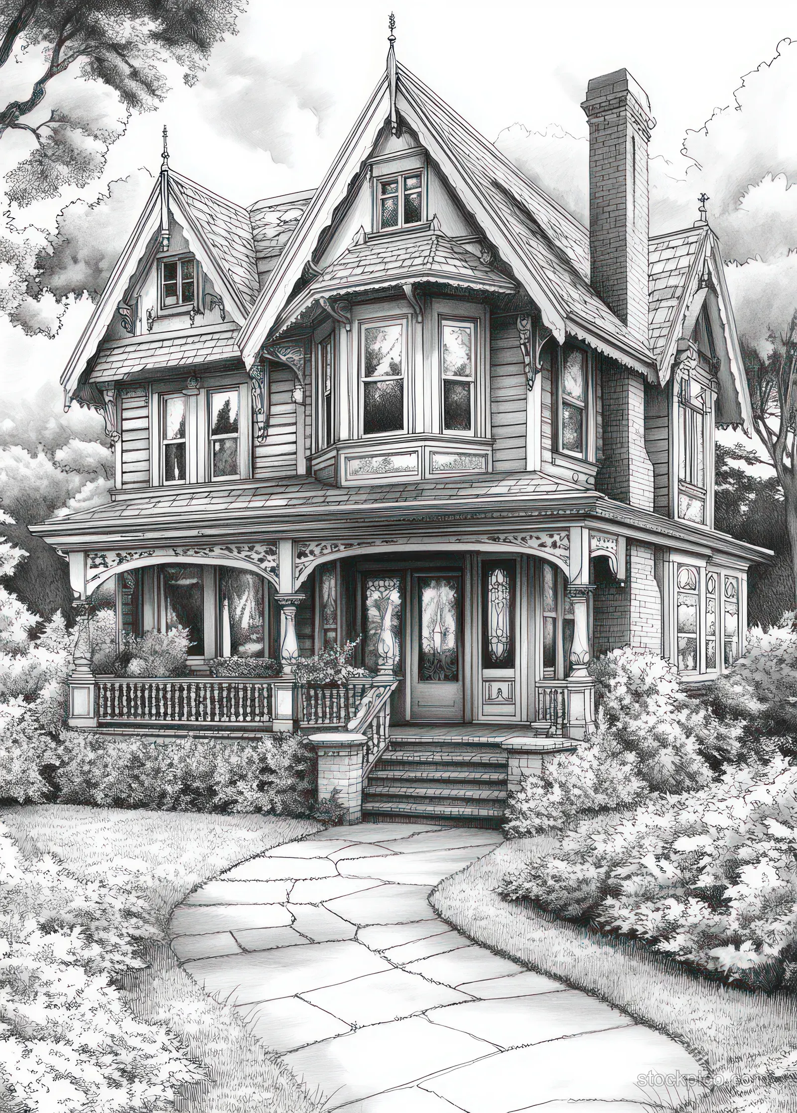 Black-and-white ink drawing of a Victorian house with ornate gables, steep roof, and a curved stone path.