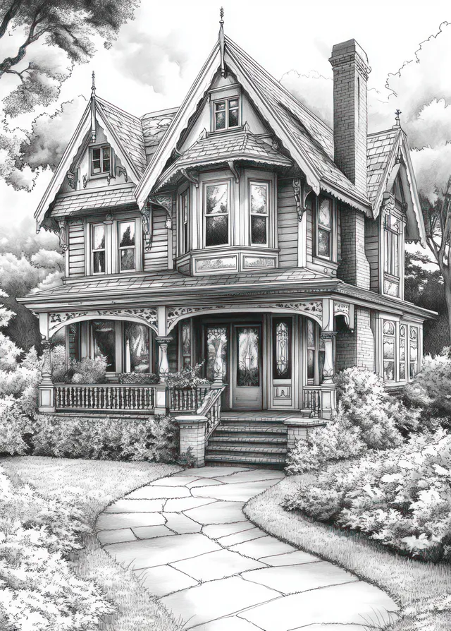 Black-and-white ink drawing of a Victorian house with ornate gables, steep roof, and a curved stone path.