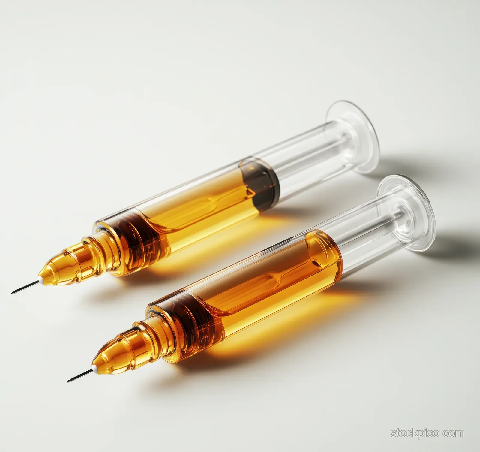 Two clear glass ampoules with golden liquid and needle tips rest on a clean white background.