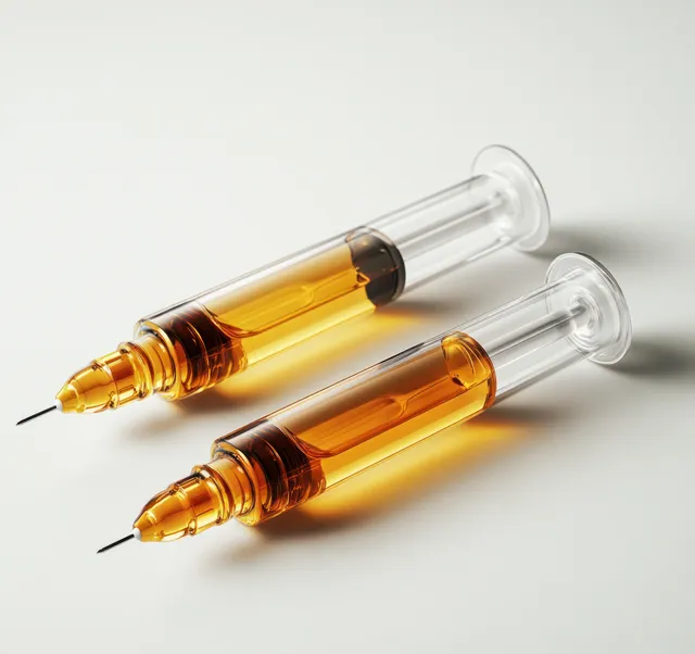 Two clear glass ampoules with golden liquid and needle tips rest on a clean white background.
