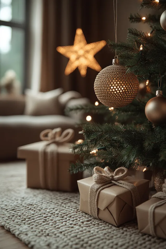 Evergreen Christmas tree lights and star ornaments beside wrapped gift boxes in a cozy living room.