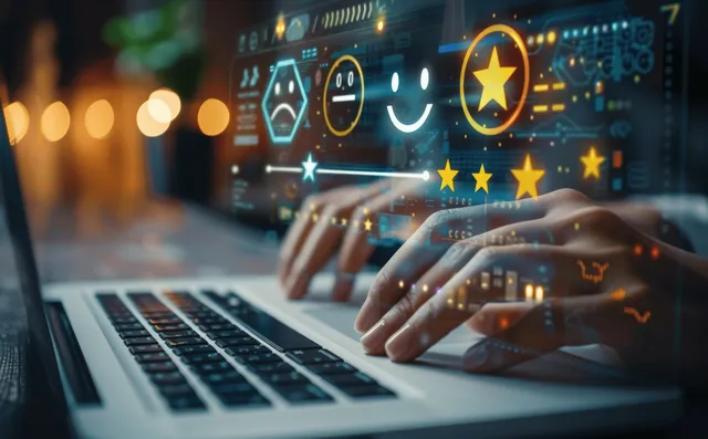 Hands on a laptop keyboard with an online star rating and feedback icons displayed on screen.