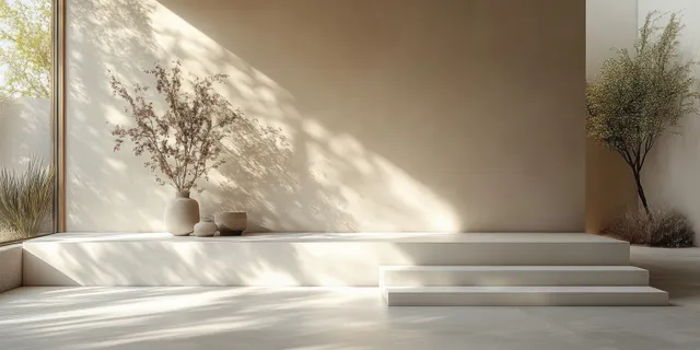 Minimal white product pedestal staged with soft sunlight and clean geometric steps