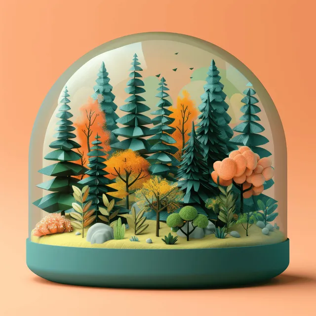 Pastel forest terrarium dome with layered pine trees and greenery inside a glass globe on a warm background.
