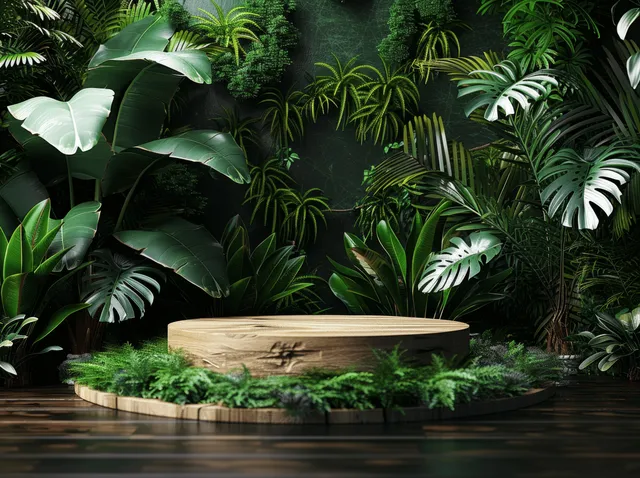 Lush tropical jungle with vibrant foliage surrounding a wooden podium for product display.