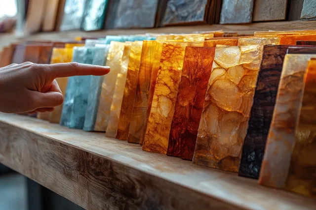 A hand points at stone tile color samples arranged in a showroom display shelf.