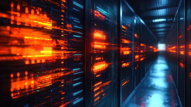Futuristic data center corridor with orange and blue server lights reflecting on glossy floor