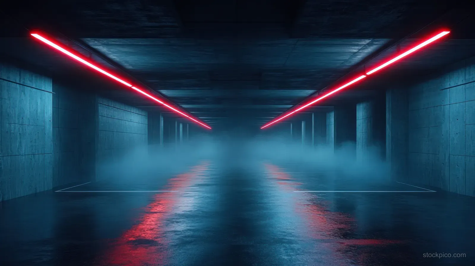 A dark concrete corridor with glowing red neon light bars and mist over a wet reflective floor.
