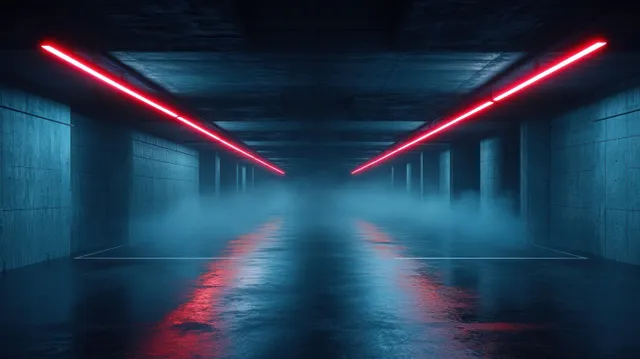 A dark concrete corridor with glowing red neon light bars and mist over a wet reflective floor.