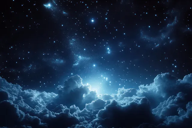Glowing blue stars and nebula clouds fill the night sky above a dark Bethlehem-inspired landscape silhouette.