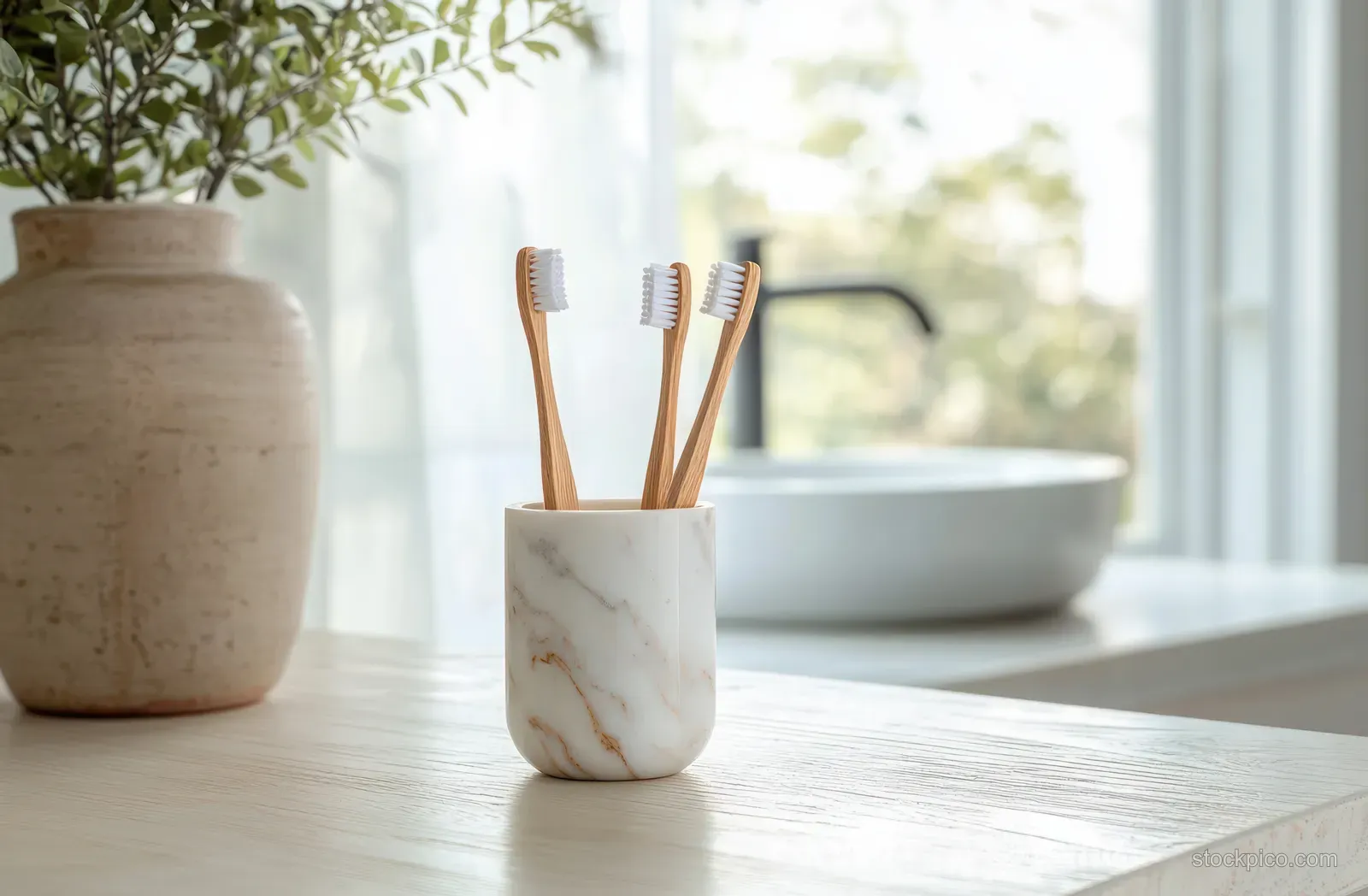 Bamboo toothbrushes in a marble holder on a rustic bathroom counter beside a sunlit sink.