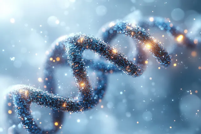 Glowing DNA helix formed by points with floating binary code particles on a clean digital background.
