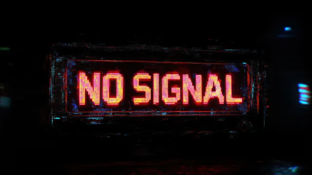 Glitching dark monitor screen with pixelated red and orange “NO SIGNAL” text over digital static.