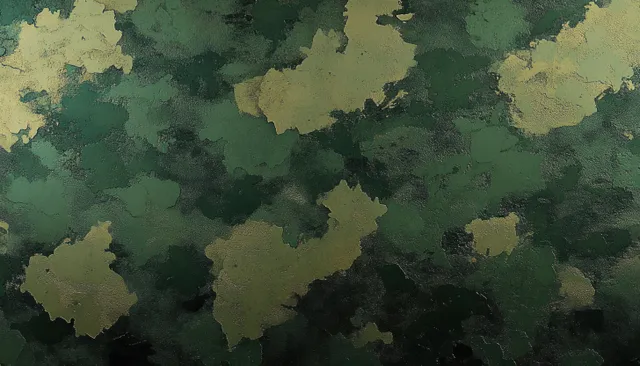 Patrón de camuflaje texturizado de formas verdes y marrones terrosas llena el marco con remolinos de pintura superpuestos.