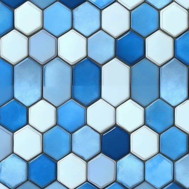 Blue and white interlocking hexagonal tiles with glossy reflections fill the frame.