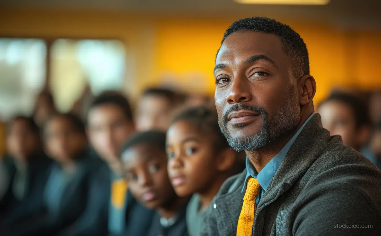 Teacher standing with students in a softly lit classroom with blurred background.