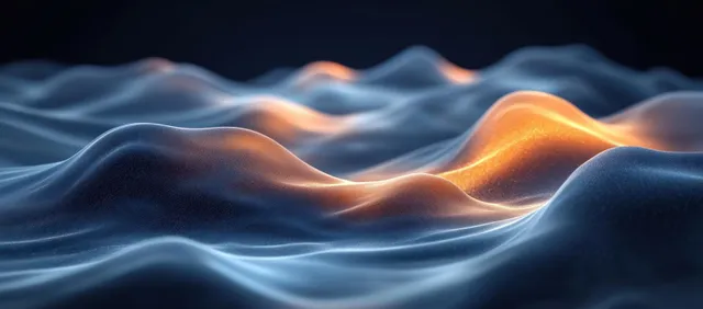 Glowing white and orange wave-like particle lines ripple across a dark background.