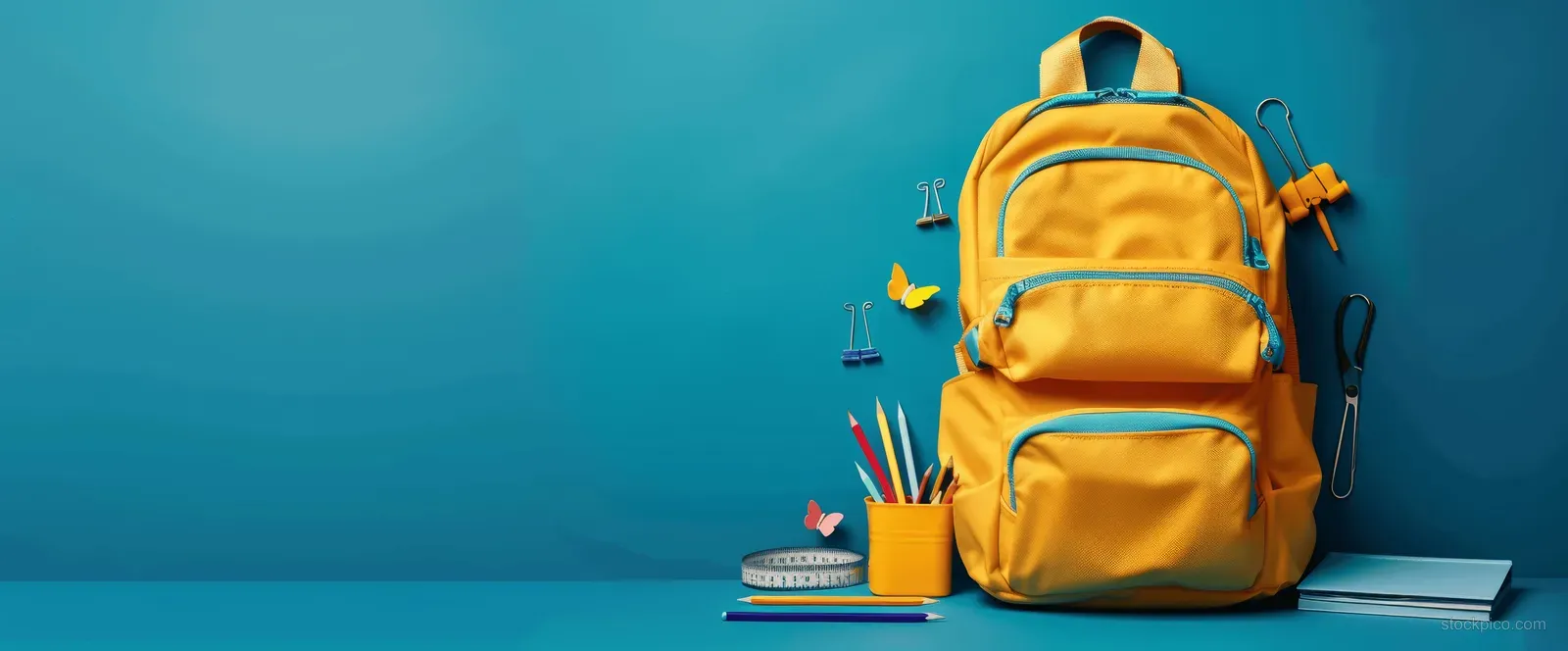 Yellow school backpack on a blue background with crayons and small notebooks arranged beside it.