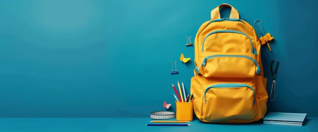 Yellow school backpack on a blue background with crayons and small notebooks arranged beside it.