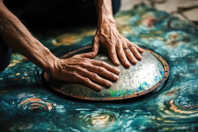 Close-up of hands playing a metallic handpan drum on a blue-green textured surface.