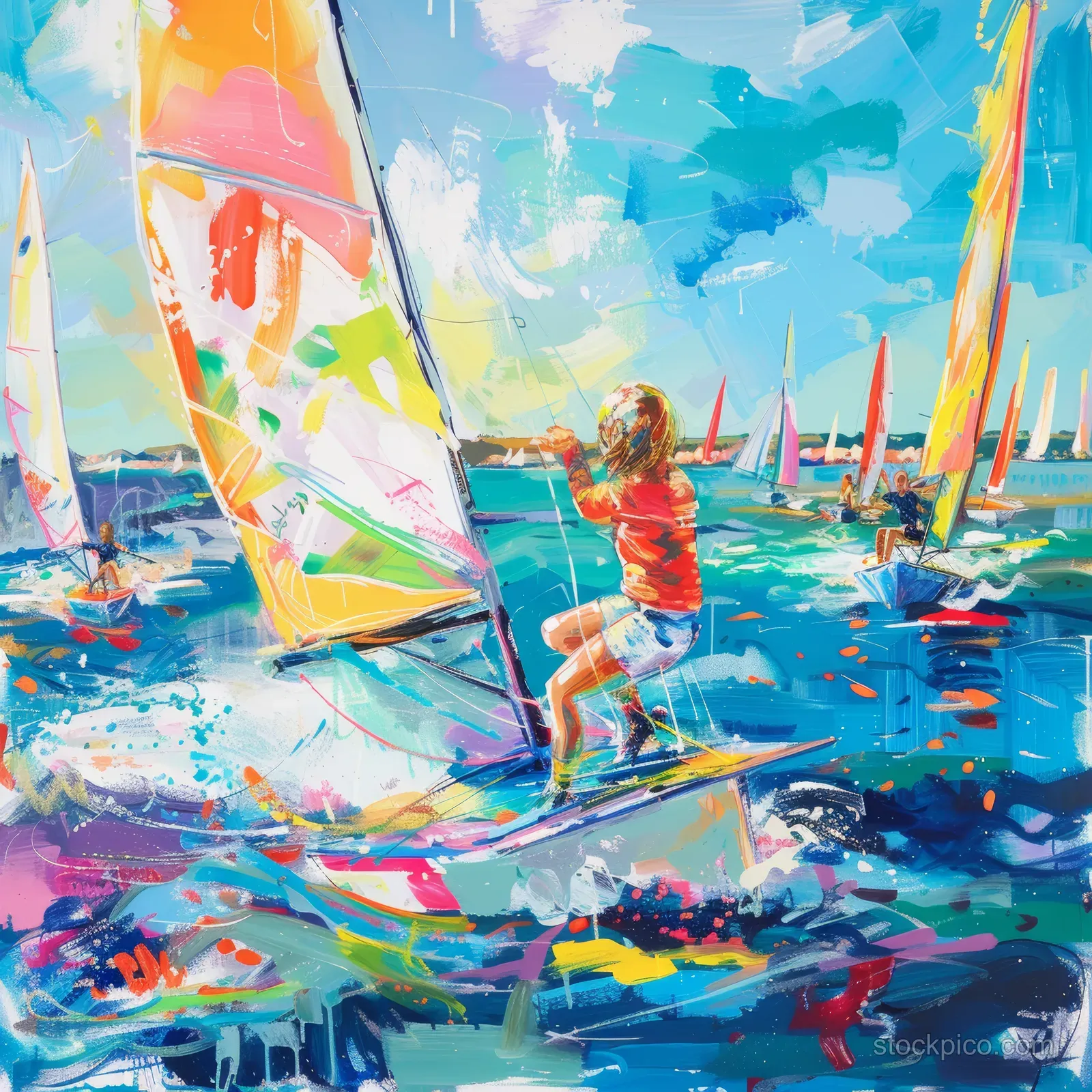 Sailor steering a bright dinghy at a windy Netherlands regatta with splashy water and other boats ahead.
