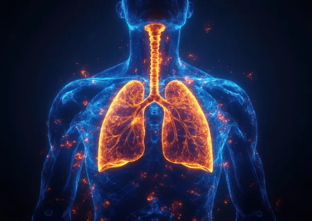 Neon x-ray style illustration of a male torso with glowing lungs and blue anatomical outlines against a dark background.