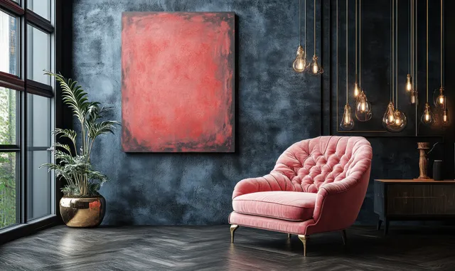 Pink plush armchair placed beside a black textured wall with an abstract canvas and hanging pendant lights.
