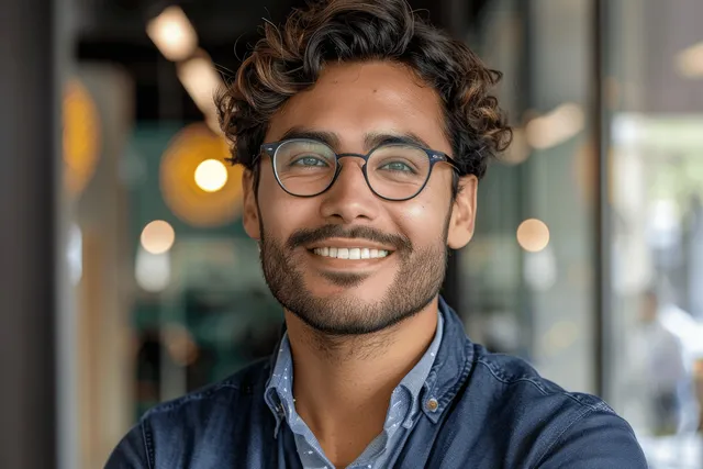 Smiling young man with glasses in a modern office hallway with warm, blurred lights behind him.