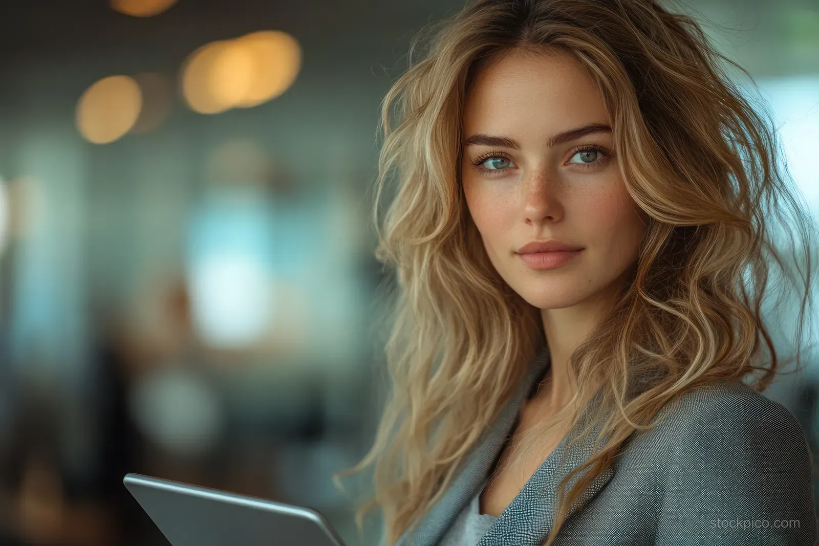 A young woman in a business suit uses a tablet in a modern office with blurred glass reflections behind her.