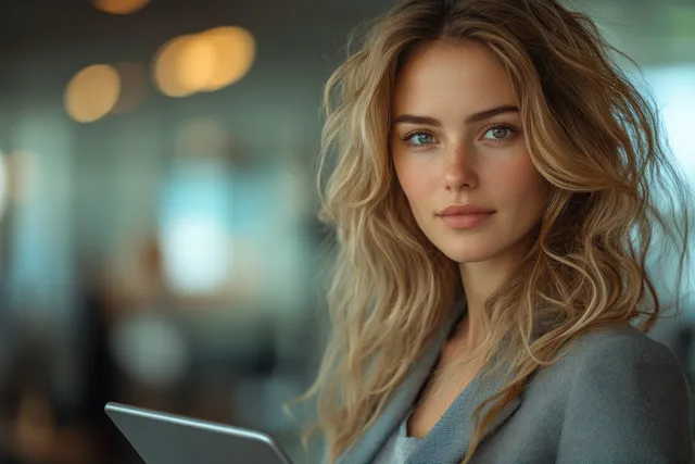 A young woman in a business suit uses a tablet in a modern office with blurred glass reflections behind her.