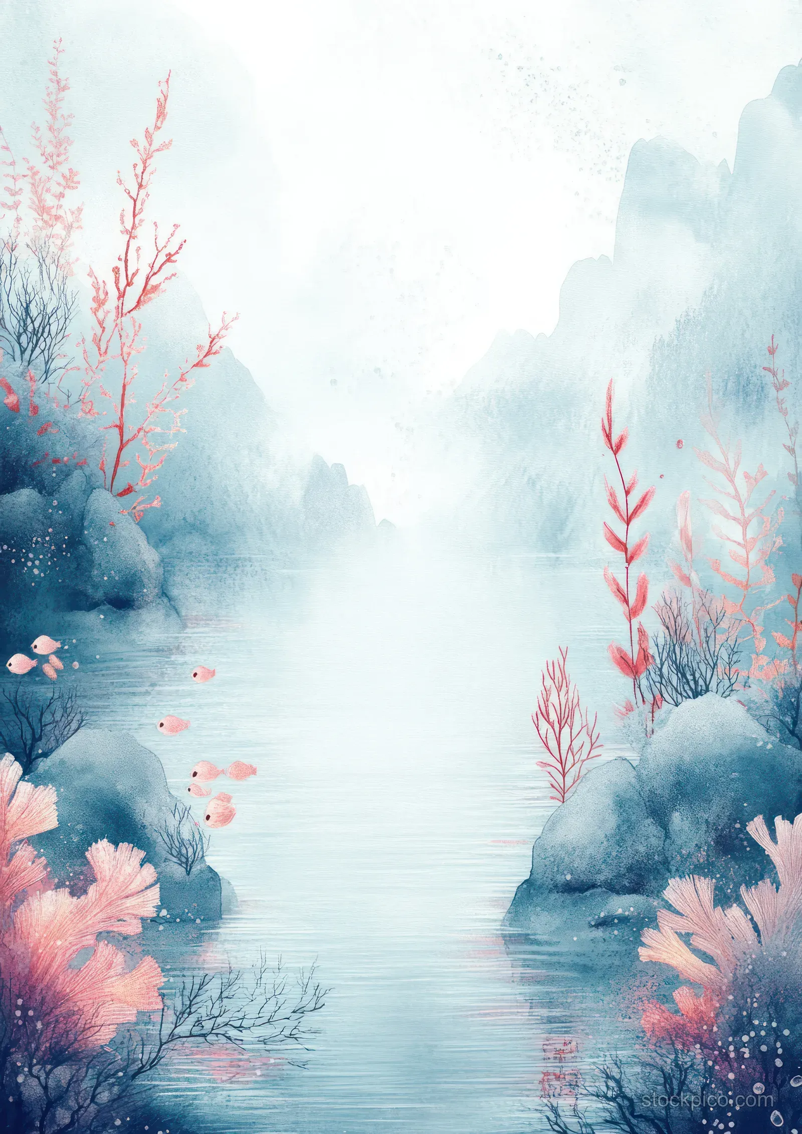 Watercolor underwater illustration showing coral reefs, jellyfish, fish, and a turtle in blue sea mist.