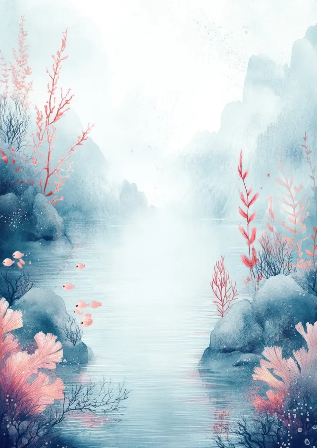 Watercolor underwater landscape with coral fish, jellyfish, turtle, and soft glowing sea mist