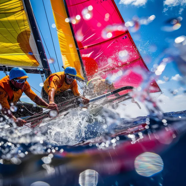 Sailors on a Nacra 17 catamaran race boat in bright sun, trimming ropes as waves splash upward.