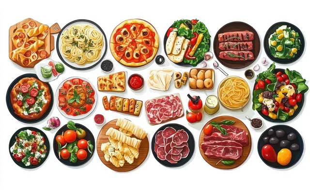 Italian dishes assortment with plates of pasta and pizza, cured meats, olives, and fresh vegetables arranged on a white background.