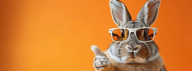 Easter bunny rabbit wearing sunglasses giving a thumbs-up against bright orange backdrop