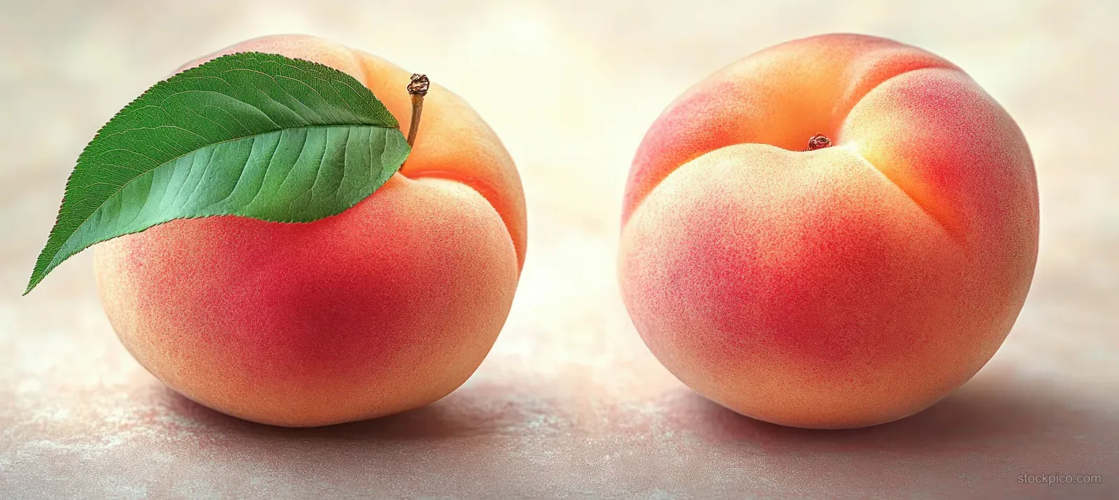 Two ripe peaches with a green leaf on a white background, showing detailed juicy skin texture.