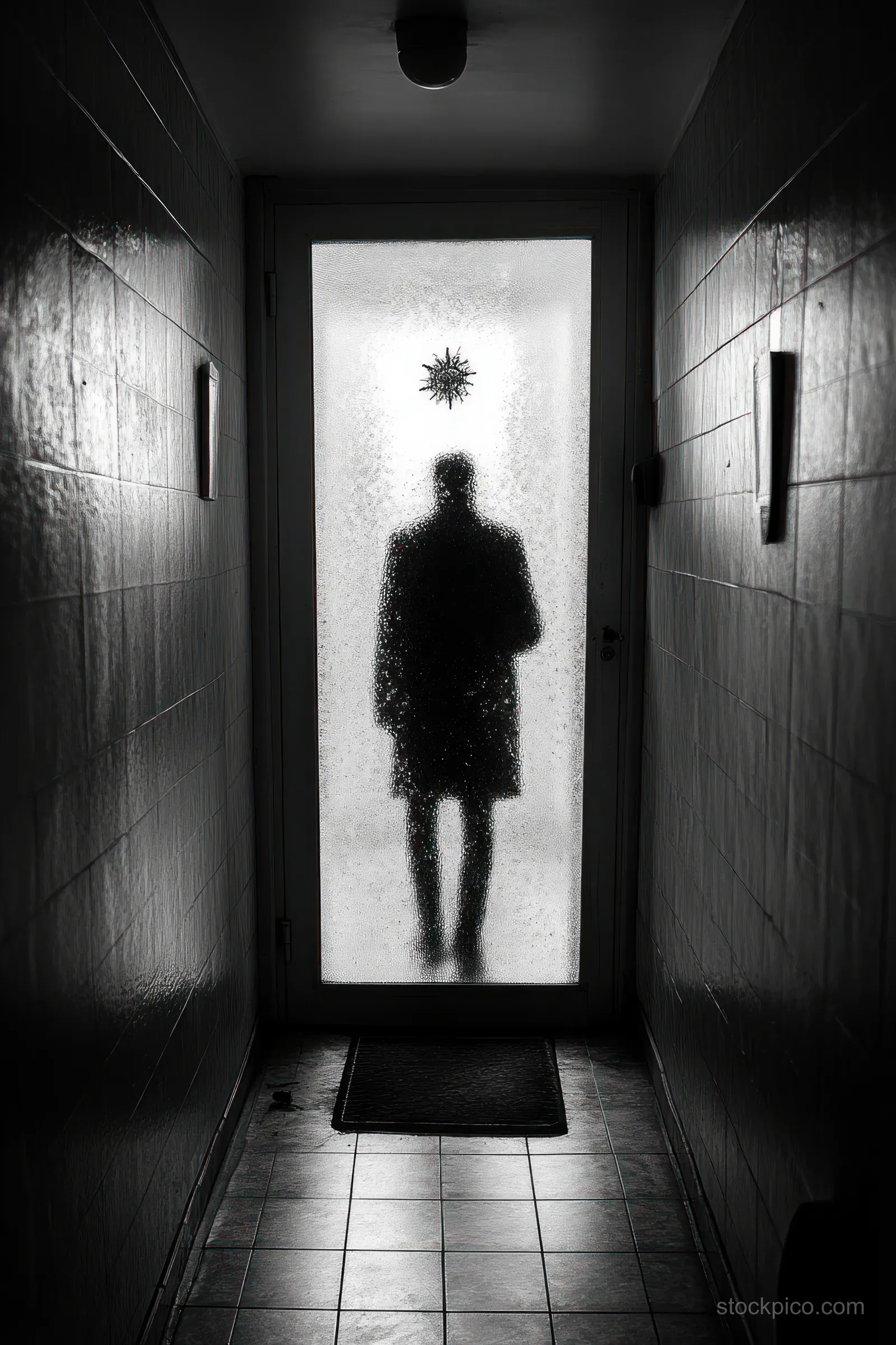 Silhouette of a person standing behind a frosted glass door, viewed down a narrow dim hallway with tiled floor.