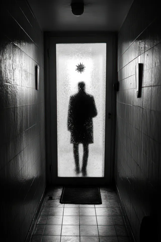 Silhouette figure behind frosted glass door in a narrow dim hallway