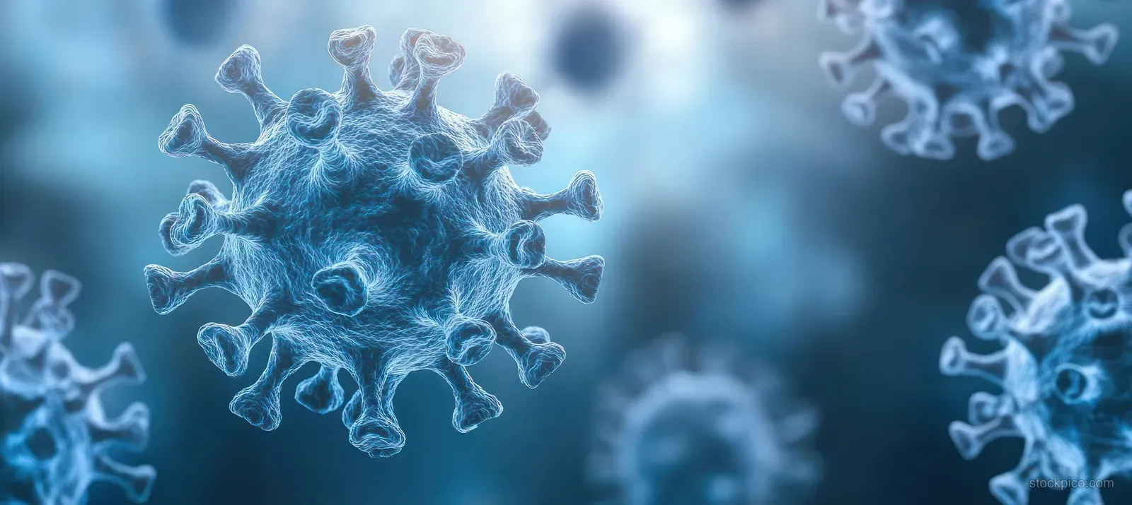 Blue 3D virus particles with spiky shapes floating in a blurred, softly lit laboratory background.