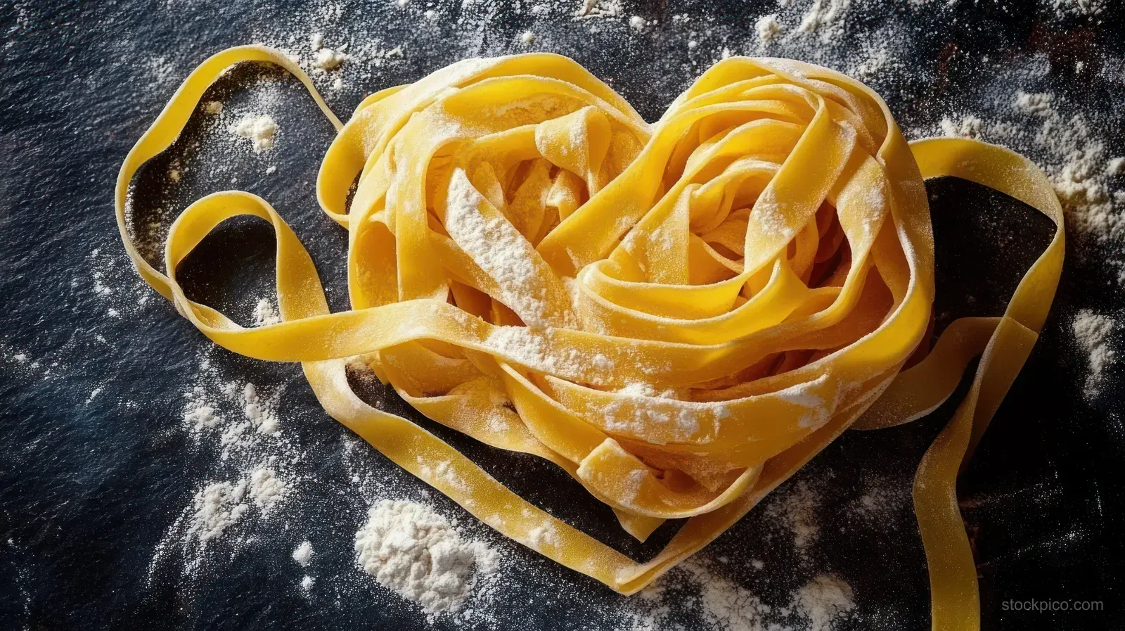 Uncooked yellow pasta shaped like a heart on a dark surface sprinkled with white flour.
