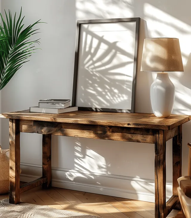 Rustic wooden desk in a sunlit living room with a lamp, framed poster mockup, books, and plants by white walls.