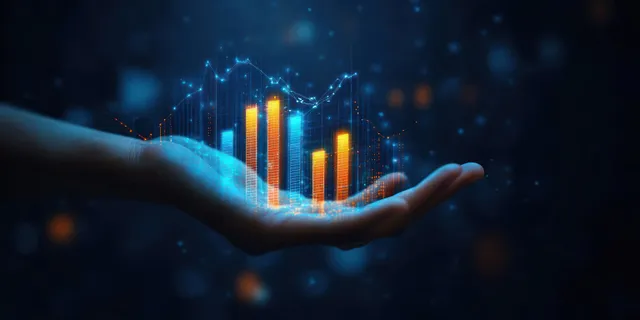 Hands shaping a rising financial growth graph with glowing arrows on blue digital background