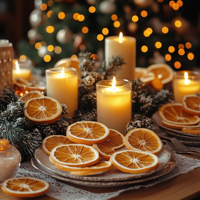 Cozy Christmas table setting with dried orange slices and several lit candles, with glowing holiday tree lights behind.