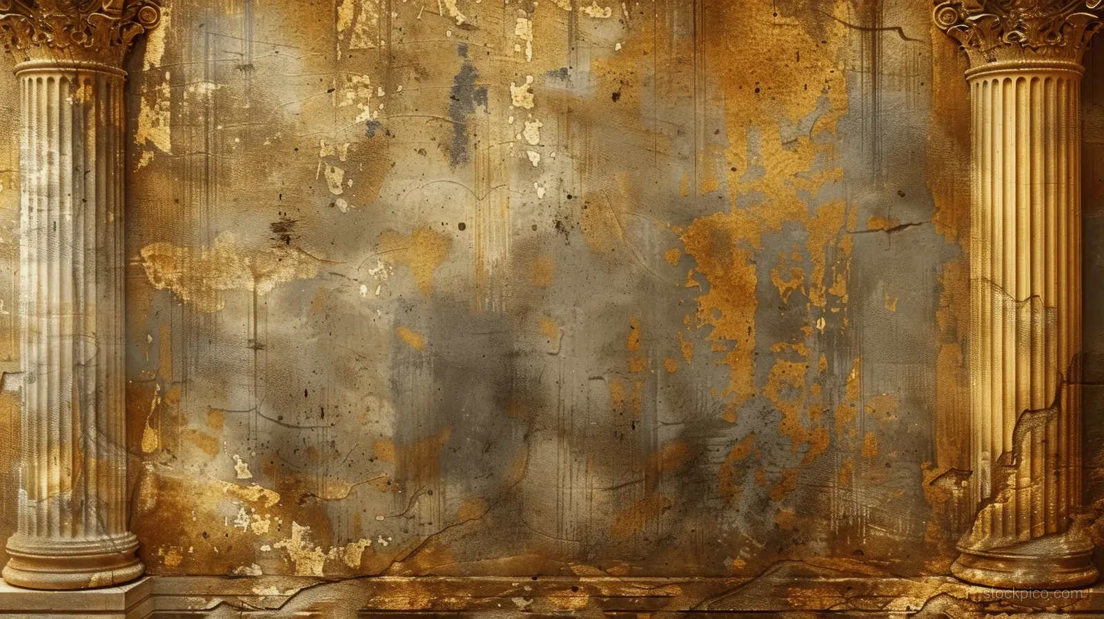 A cracked plaster wall backdrop with gold columns and faint faded graffiti markings.