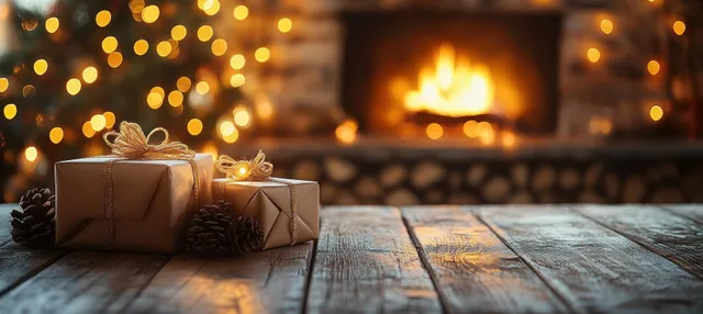 Wrapped Christmas gifts on wooden table with glowing fireplace bokeh lights