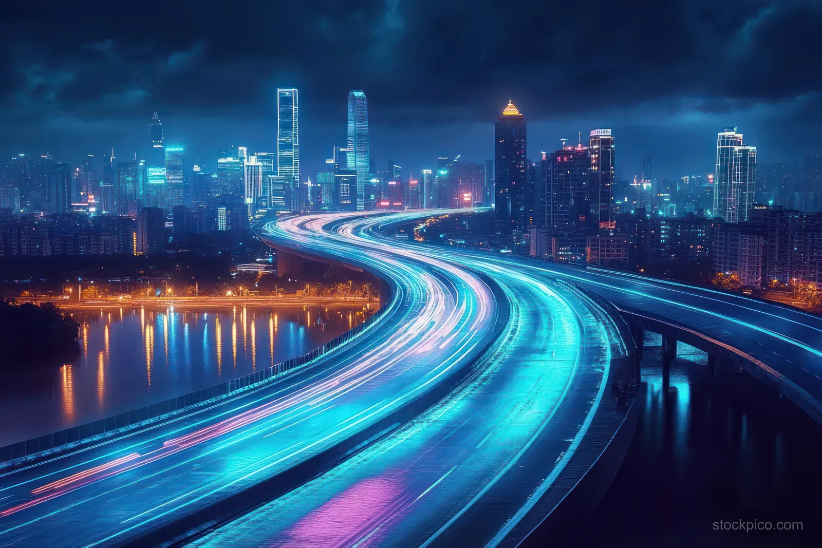 Neon highway curves through a cyberpunk city skyline at night with motion-blurred light trails over the river.