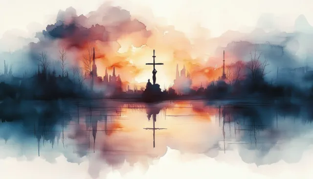 Crucifixion silhouette over calm river at sunset, watercolor soft pastel spiritual reflection