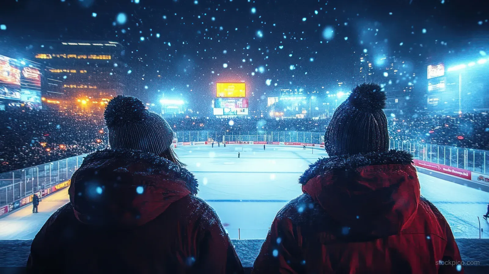 Two spectators in winter hats watch an outdoor ice hockey rink at night as snow falls and lights shine behind a crowd.