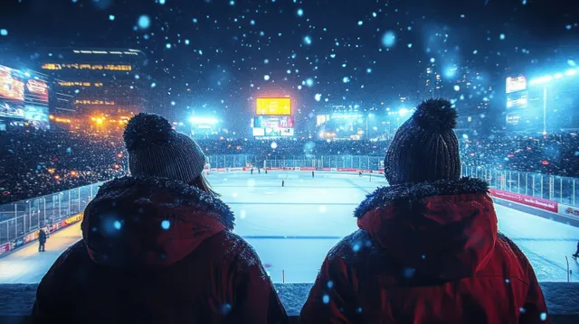 Two spectators in winter hats watch an outdoor ice hockey rink at night as snow falls and lights shine behind a crowd.